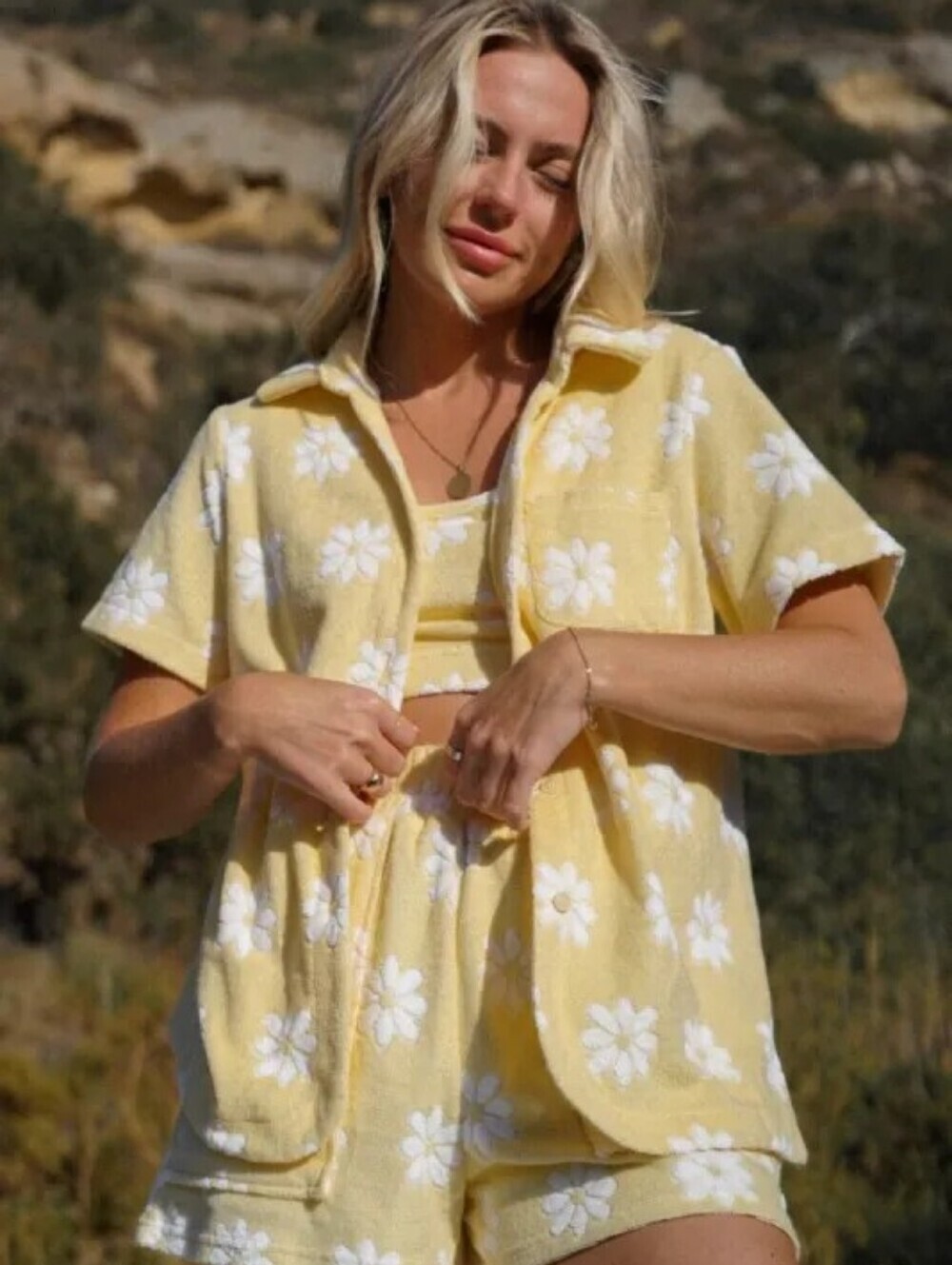 Yllw Salty Terry Button Down Top Oops-A-Daisy Print L
